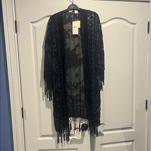 Laura Ashley Black Sheer Kimono with Fringe